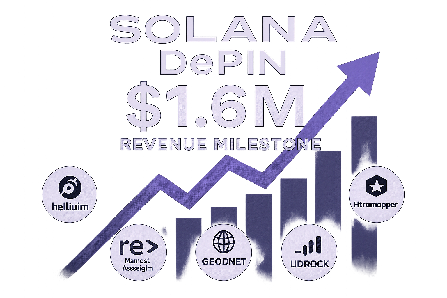 Infographic featuring logos of Helium, Hivemapper, Render Network, GEODNET, and UpRock highlighting Solana DePIN projects' $1.6M monthly revenue milestone