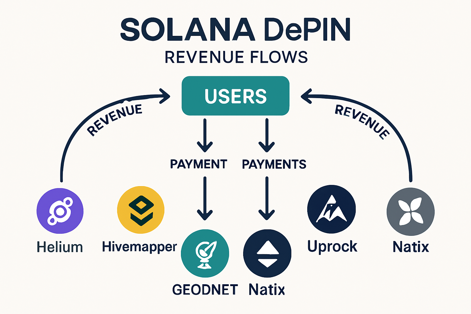Infographic showing Solana DePIN revenue flows among Helium, Hivemapper, Render, GEODNET, Uprock, and Natix Network