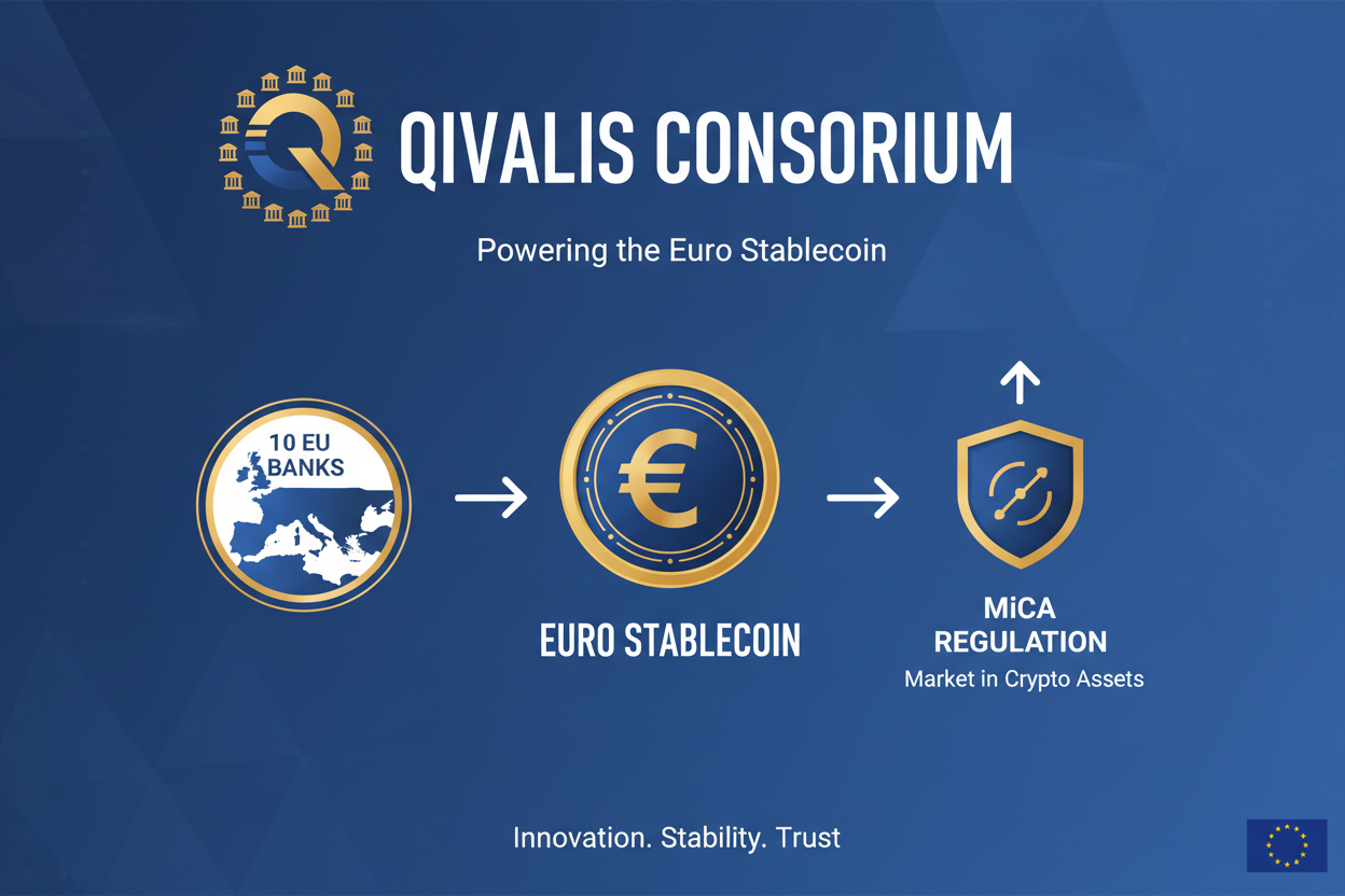 Infographic of Qivalis consortium: 10 EU banks ING, BNP Paribas, UniCredit, DekaBank, KBC, Danske Bank, CaixaBank, Banca Sella, N26, Qonto launching MiCA-compliant euro stablecoin in 2026 under Dutch Central Bank