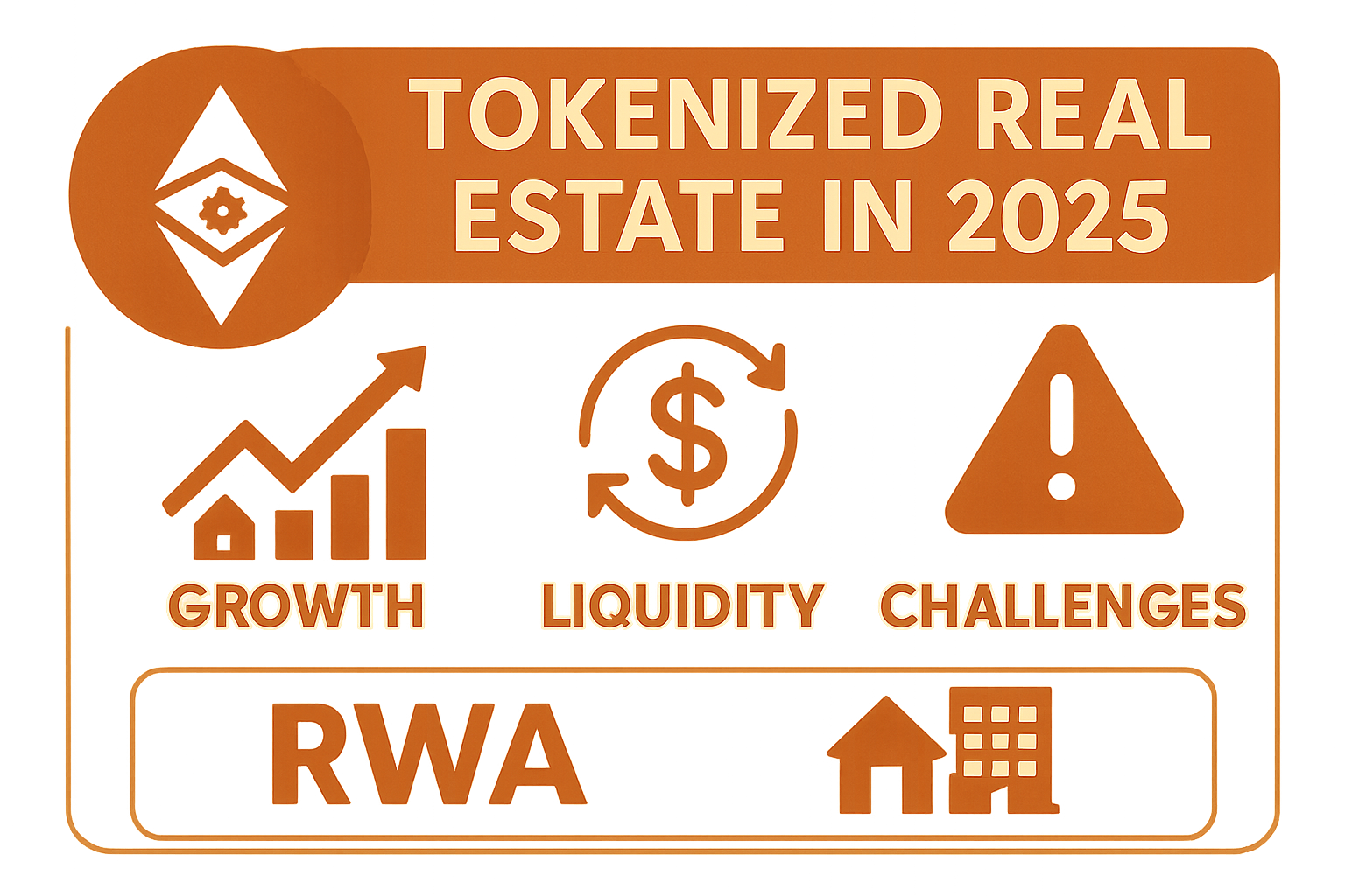 Infographic depicting tokenized real estate market growth, RWA tokenization explosion, and liquidity challenges in 2025 with strategies for overcoming gaps