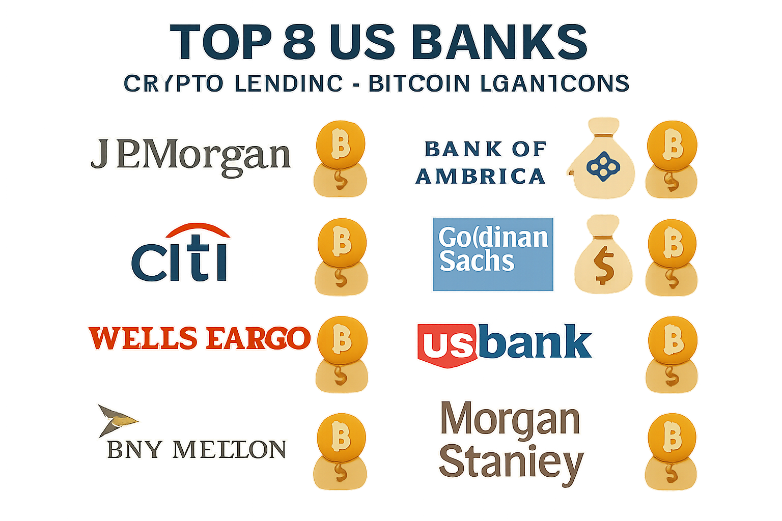 Infographic of top 8 US banks in crypto-backed lending 2025: JPMorgan Chase, Bank of America, Citigroup, Goldman Sachs, Wells Fargo, U.S. Bancorp, BNY Mellon, Morgan Stanley with Bitcoin and loan icons