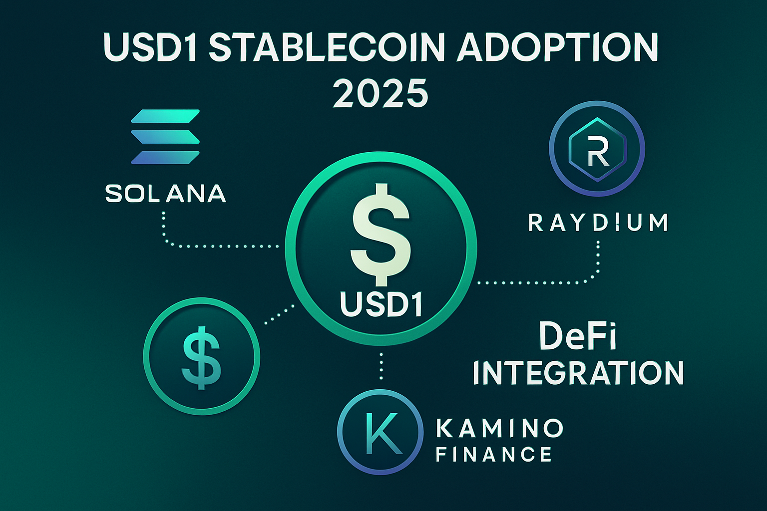 Infographic illustrating USD1 stablecoin adoption and integration with Solana DeFi protocols like Raydium and Kamino Finance in 2025