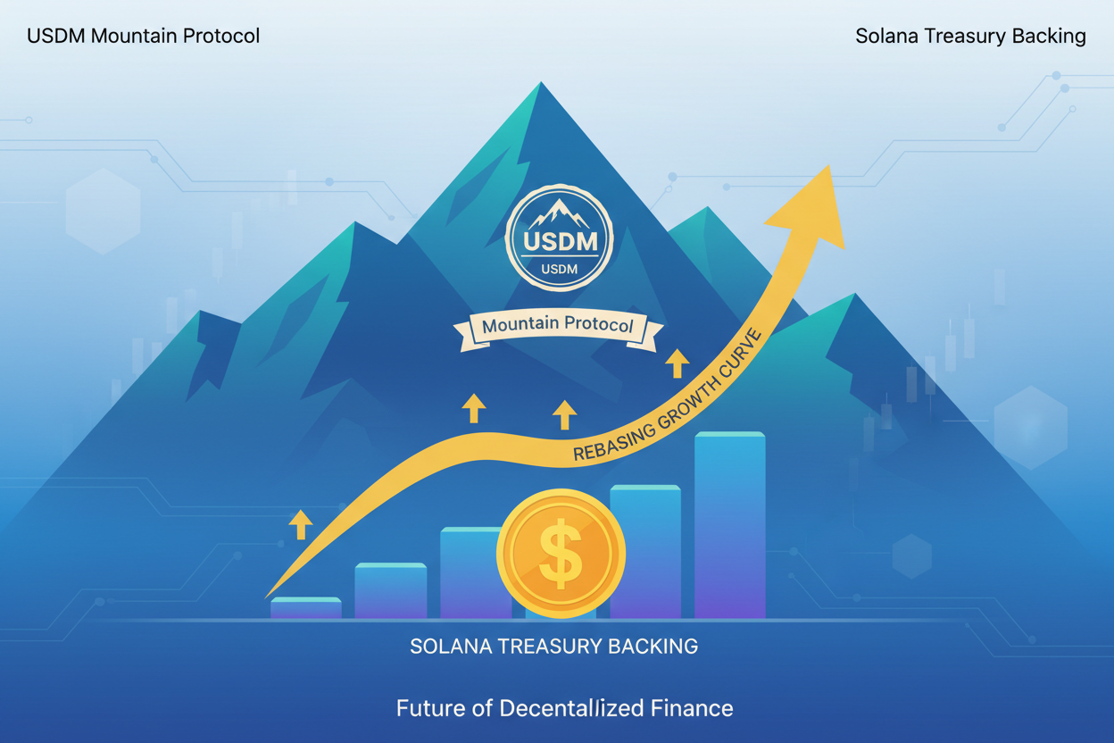 Infographic of USDM Mountain Protocol yield-bearing stablecoin treasury backing and rebasing growth curve on Solana blockchain for passive income 2026