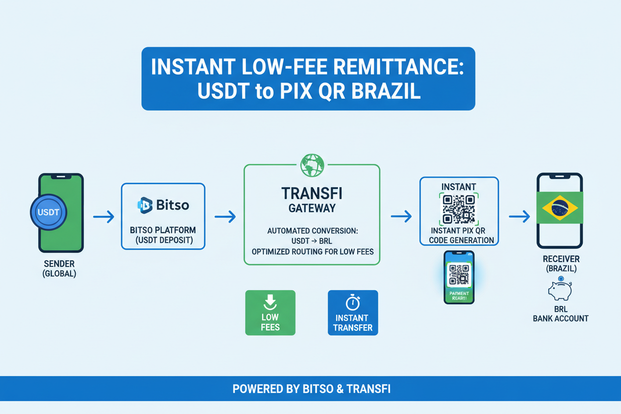 Infographic of USDT flow from US wallet to Brazilian Pix QR code for cheapest remittances via Bitso, TransFi, Mercado Bitcoin, Ripio, Foxbit highlighting low fees and instant settlement 2026
