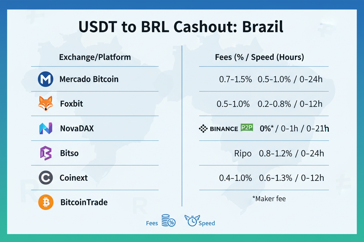Infographic of USDT to BRL cashout flow via top Brazilian partners Mercado Bitcoin, Foxbit, NovaDAX, Binance P2P, Bitso, Ripio, Coinext, BitcoinTrade, featuring low fees, instant settlements, and speed stats for 2026 US remittances