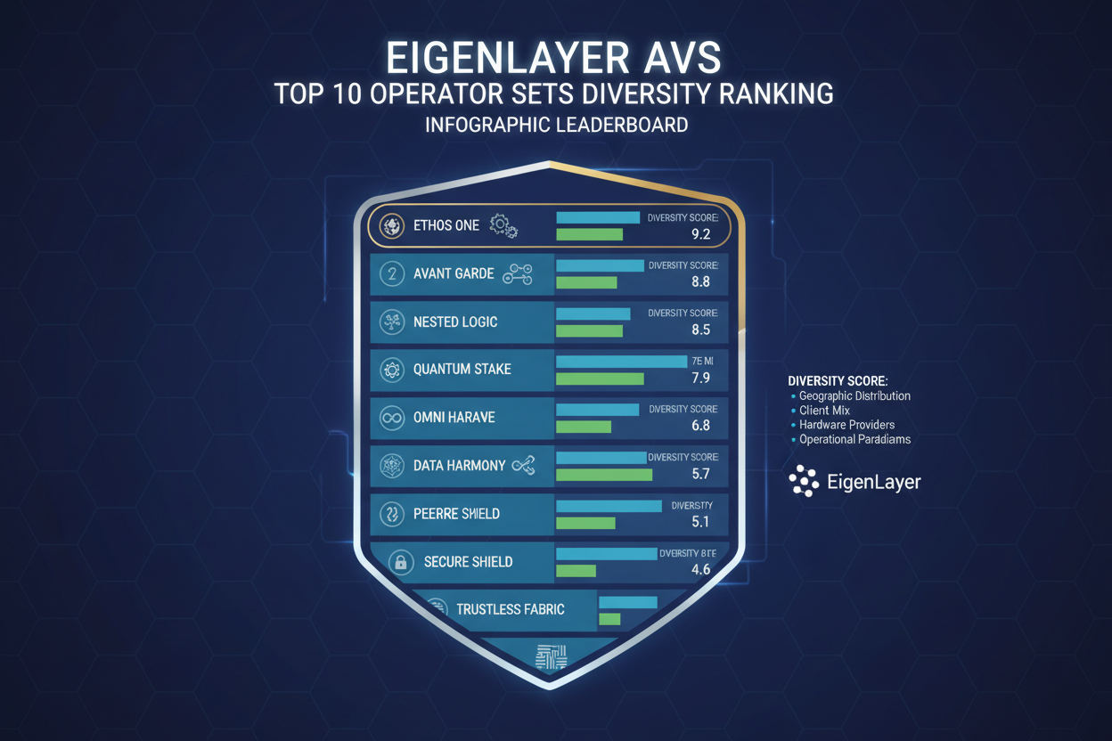 Infographic of top 10 AVS operator sets ranked by diversity scores from EigenLayer leaderboard, featuring EigenDA Mainnet, EIGEN Pod, Autera AVS, Espresso Sequencer, Brevis Prover, Lagrange zkProver, AltLayer Rollup, Mantle LSP, Phala TEE, Taiko zkEVM with geographic spread and performance metrics