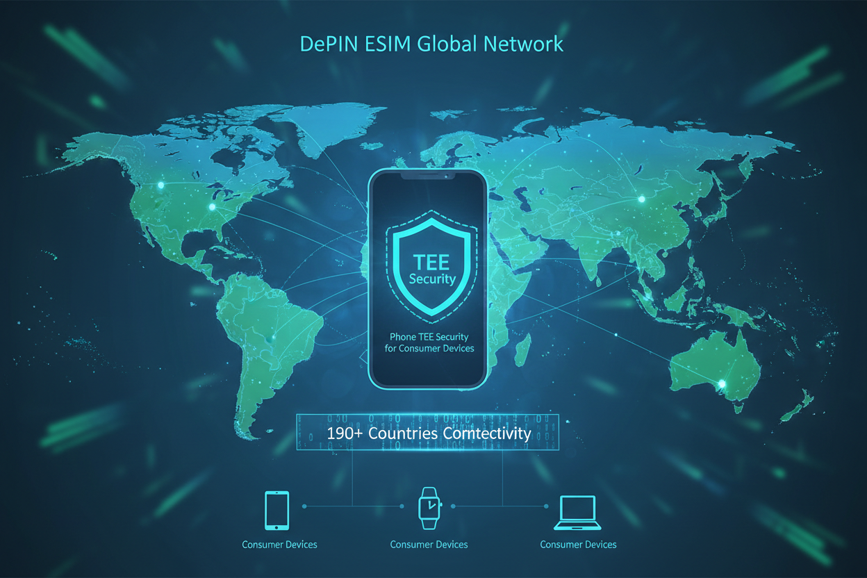 Infographic world map illustrating DePIN eSIM connectivity across 190+ countries, featuring phone TEE security and consumer devices enabling DePIN trust in blockchain wireless networks