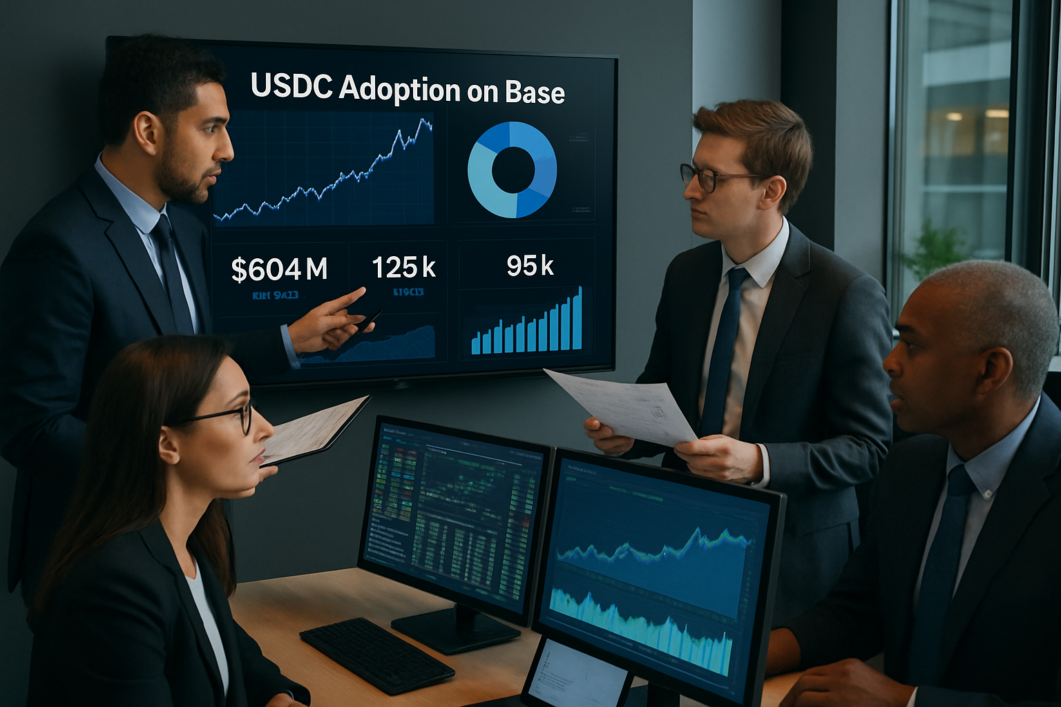 Institutional investors reviewing USDC adoption metrics on Base chain in a modern digital finance office setting