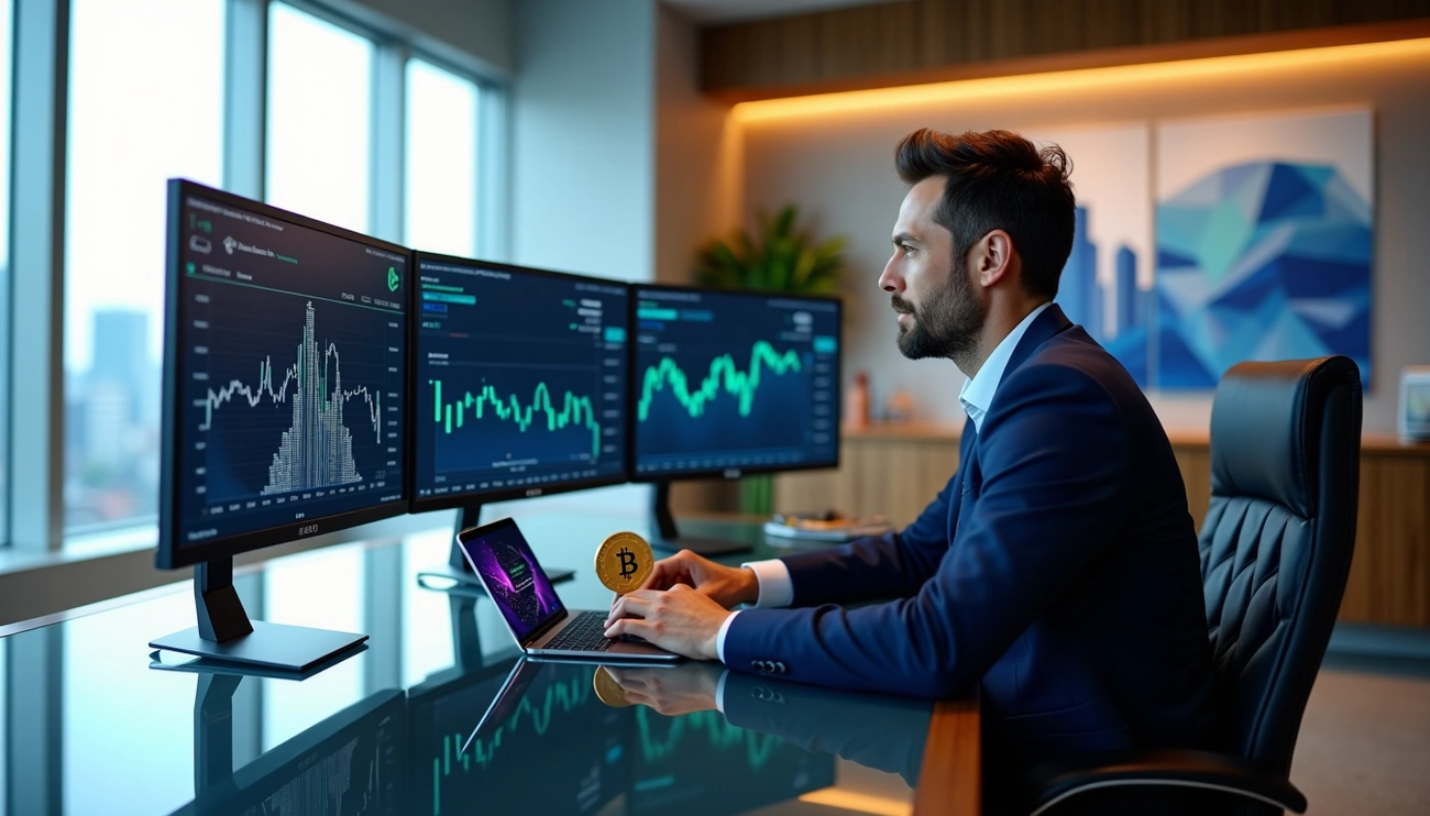 Institutional investors analyzing digital asset ETF portfolios in a modern office setting, highlighting the rise of Chainlink and on-chain ETFs in 2025.