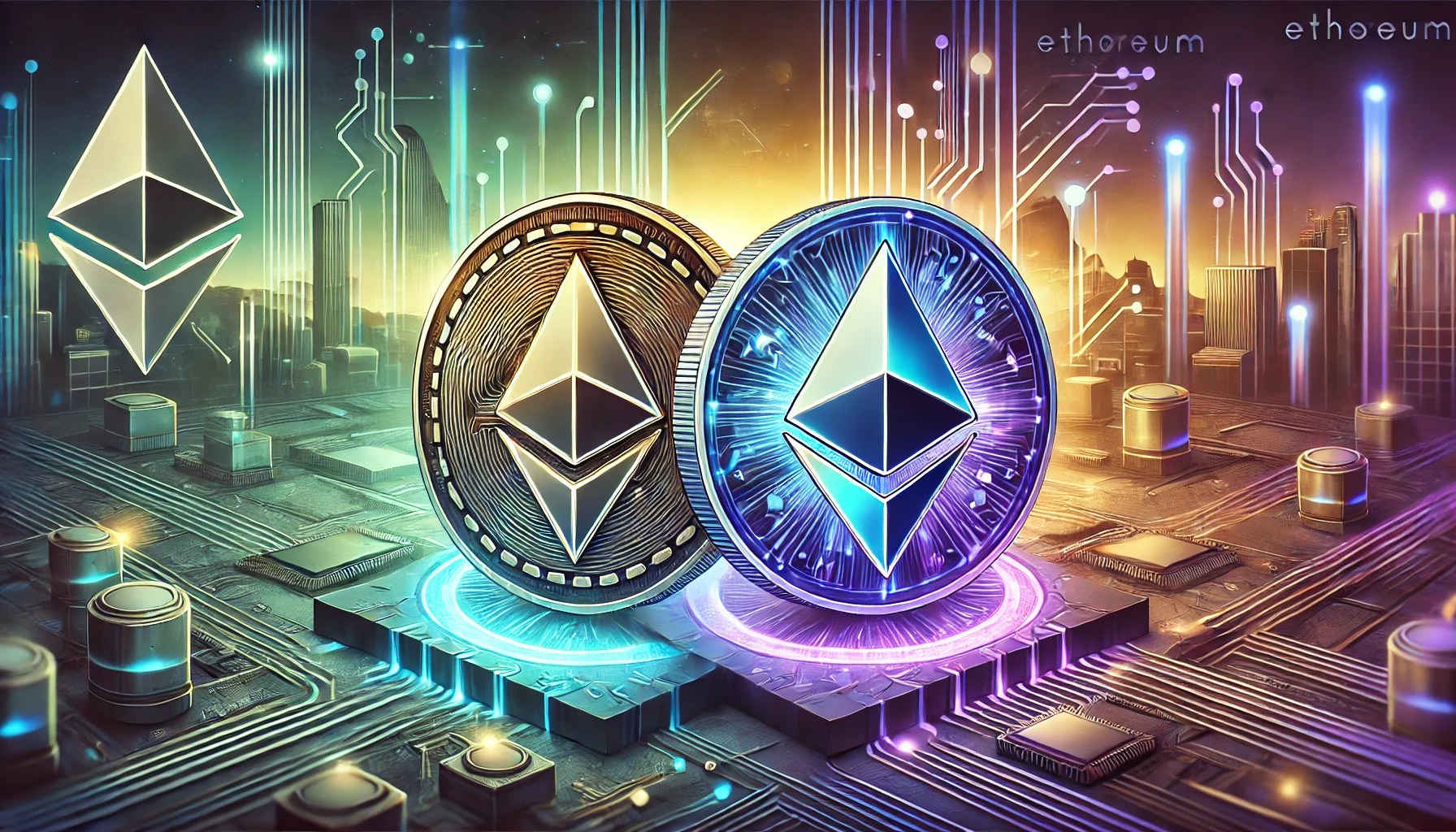Institutional investors shaking hands over an Ethereum logo, symbolizing increased institutional adoption and ETF inflows in 2025.
