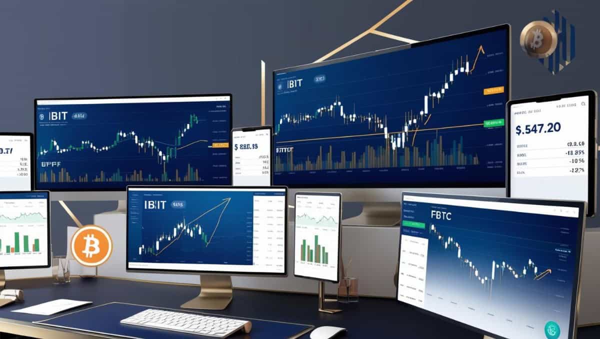 Institutional traders at a modern trading desk analyzing Bitcoin ETF flows on multiple monitors in a financial office setting