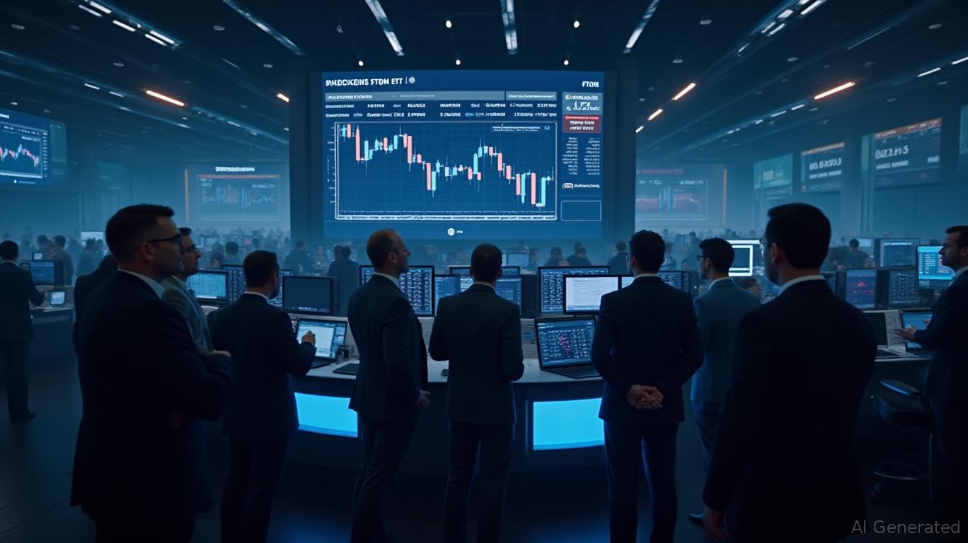 Institutional traders at a modern trading desk analyzing Ethereum ETF flows on multiple monitors, representing institutional investment in ETH.