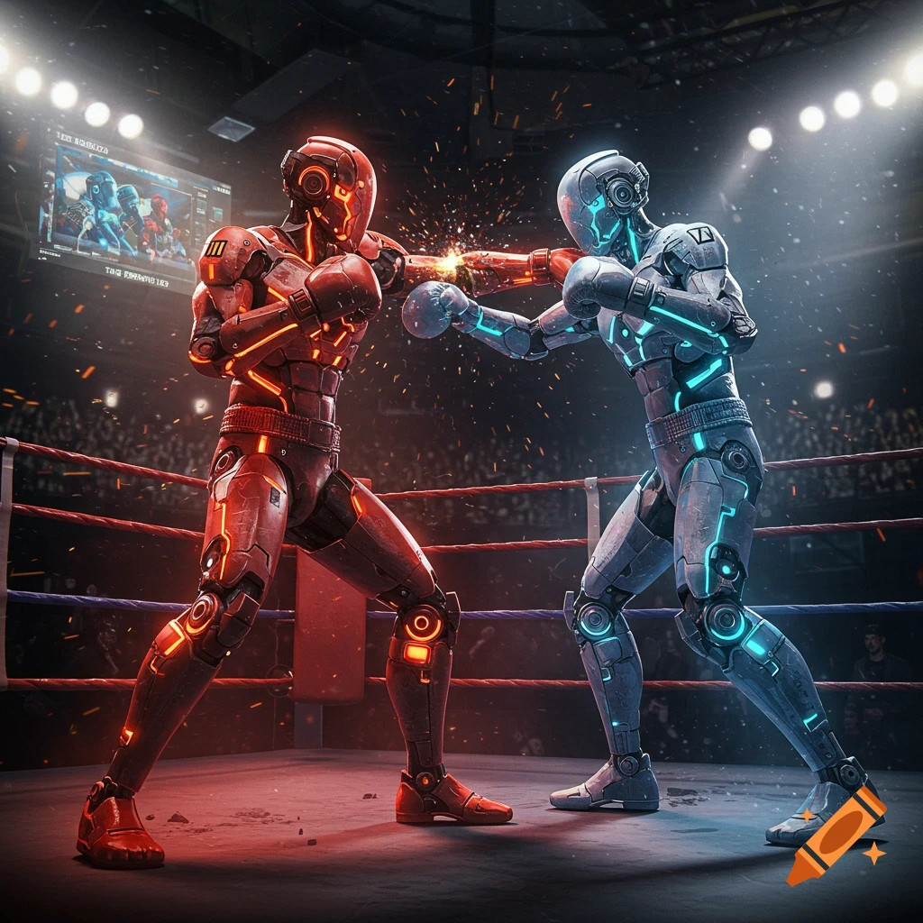 Intense AI bots clashing in futuristic gaming arena with sparks and explosions, AI fighter tournament 2026 head-to-head battles