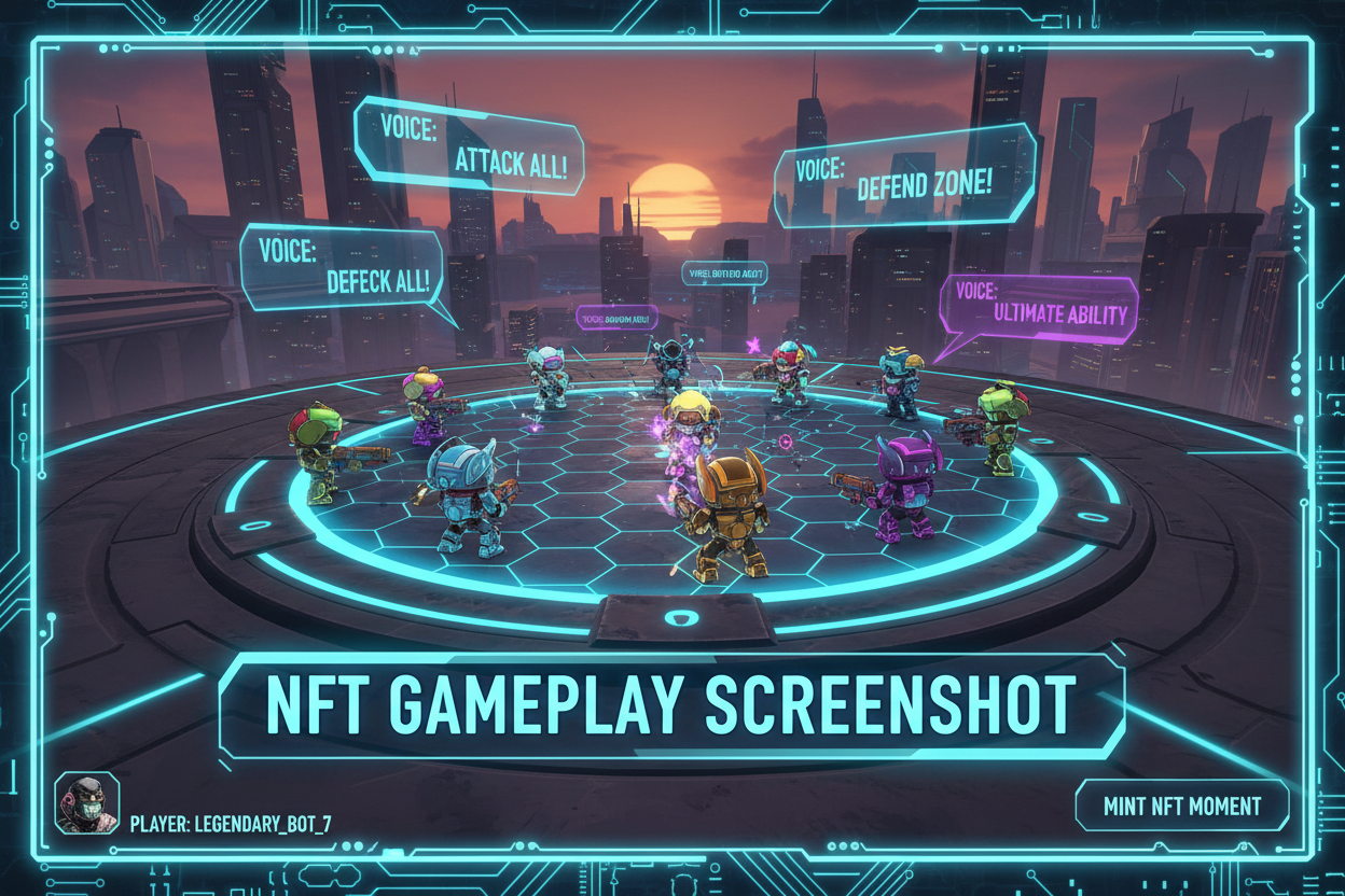 Intense Tiny Legends AI Agents Battle Royale gameplay screenshot featuring voice commands in action, real-time head-to-head arena clashes, and NFT minting rewards