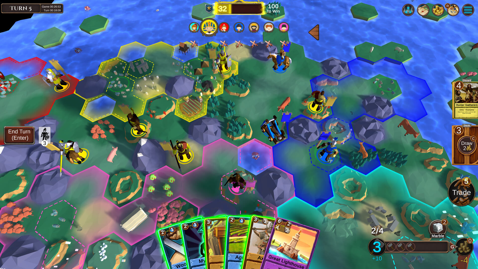Hexarchy screenshot showcasing deckbuilding mechanics over a hex-based strategy map, highlighting digital board game features on Steam in 2025.