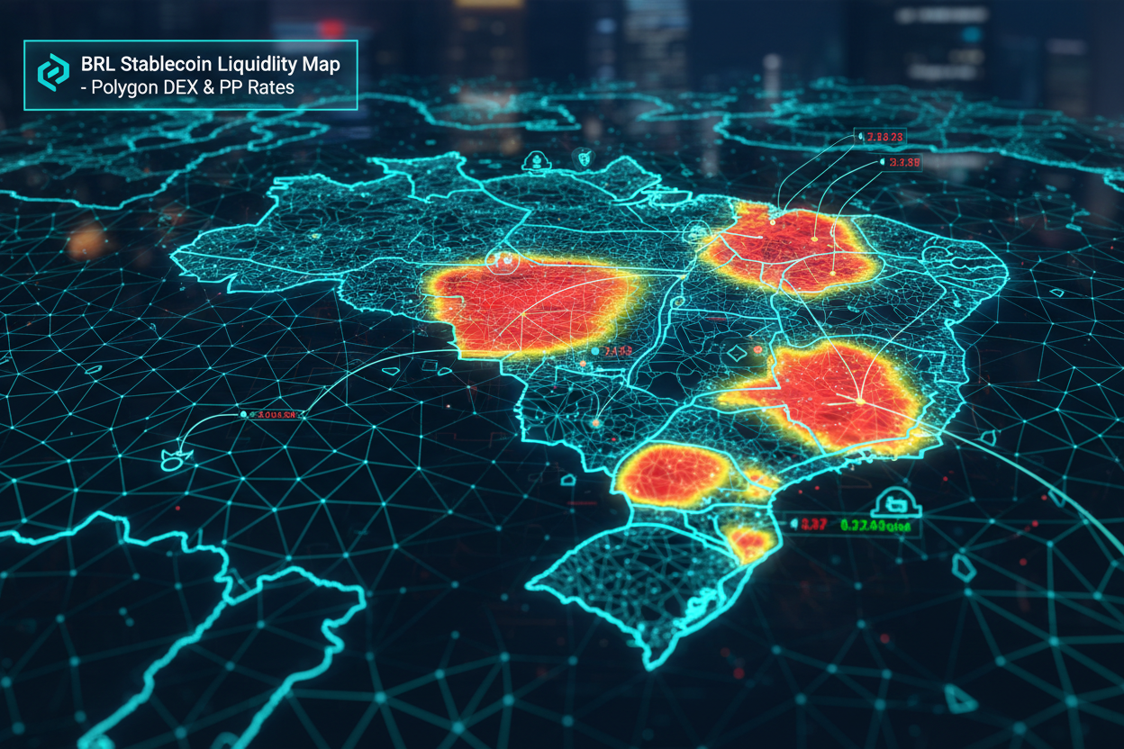 Interactive BRL stablecoin liquidity heatmap map visualizing Polygon DEX pools and P2P rate spreads across Brazil for crypto traders