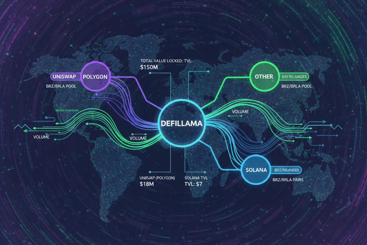 Interactive BRL stablecoin liquidity map visualizing BRZ and BRLA pools on Uniswap, Polygon, and Solana for Brazil crypto trading