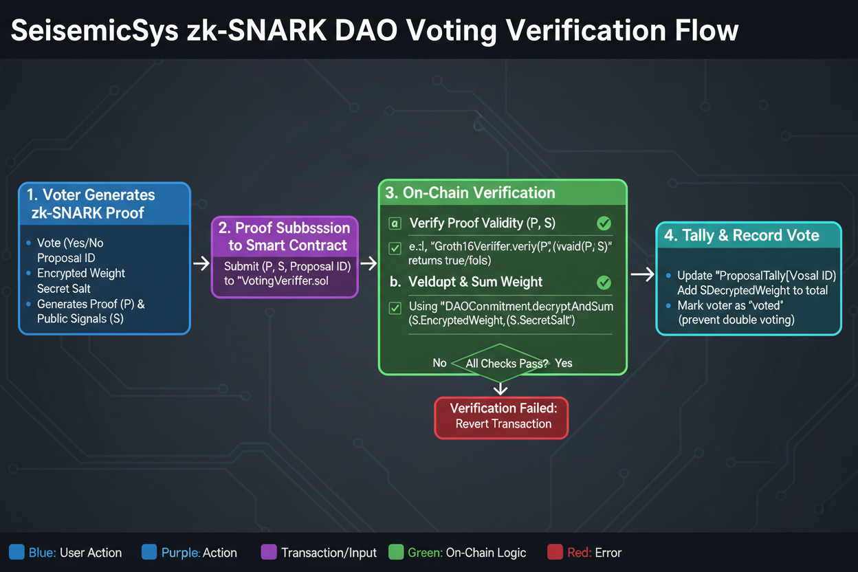 Interactive diagram of SeismicSys smart contract logic showing zk-SNARK verification flow for anonymous DAO voting with ballot factory, ephemeral tokens, and proof validation