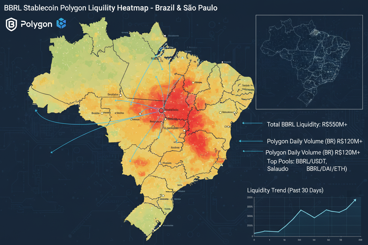 Interactive heatmap visualizing BBRL stablecoin liquidity distribution across Polygon pools and Brazilian CEXs, highlighting Sao Paulo hotspots for 2026