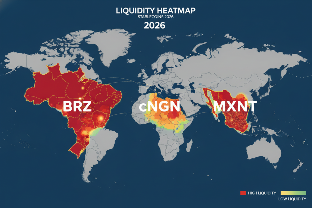 Interactive 2026 heatmap of BRZ BRL cNGN NGN MXNT stablecoin liquidity pools across Brazil Nigeria Mexico cross-border flows
