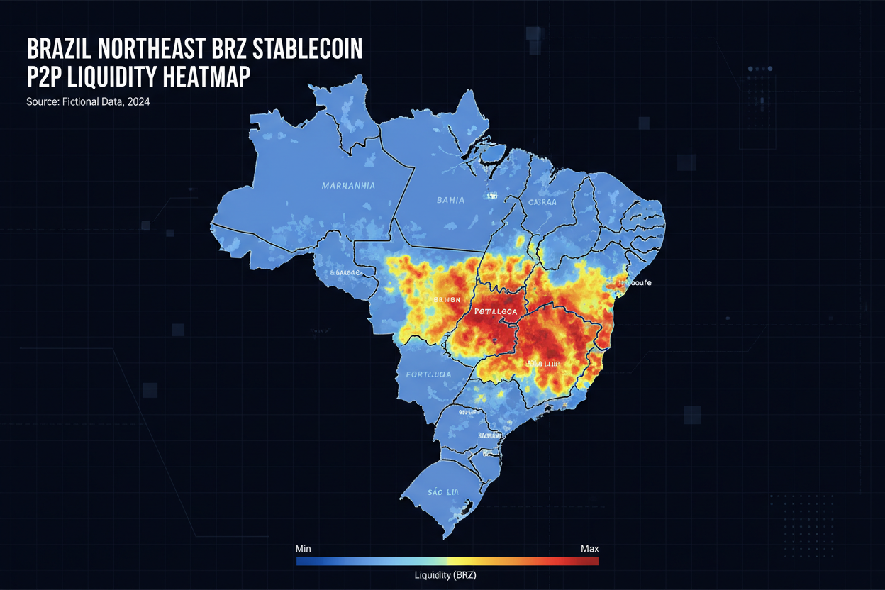 Interactive heatmap visualization of BRZ P2P liquidity peaks in Northeast Brazil remittance hubs compared to BRL1 volumes on Polygon network, Brazil stablecoin market 2026