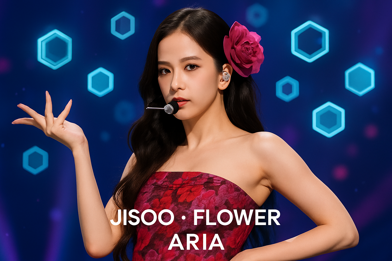 Jisoo from BLACKPINK performing FLOWER on stage with glowing blockchain tokens and royalty streams overlay, representing tokenized music royalties on Aria Protocol