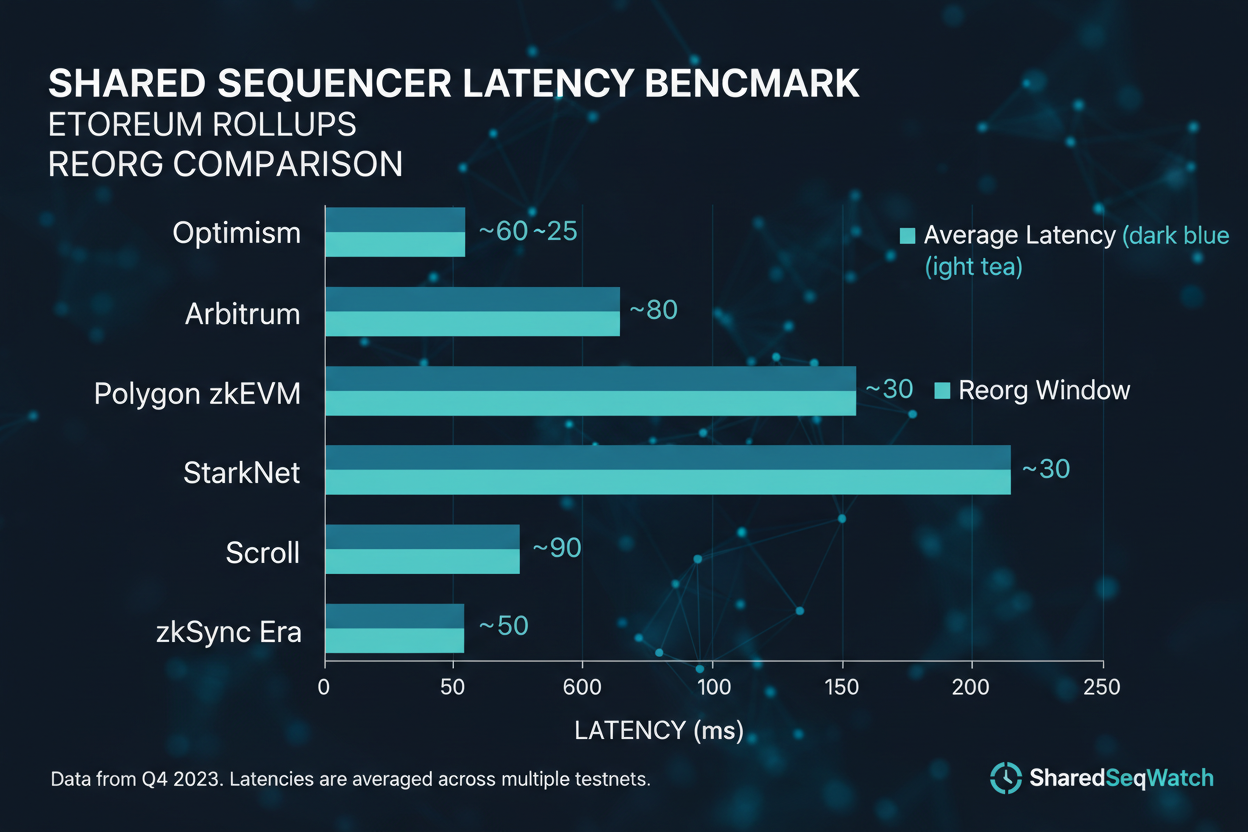 Ethereum rollups latency comparison chart: shared vs siloed sequencers benchmarks 2026 from SharedSeqWatch, highlighting 40% reorg reductions and performance gains