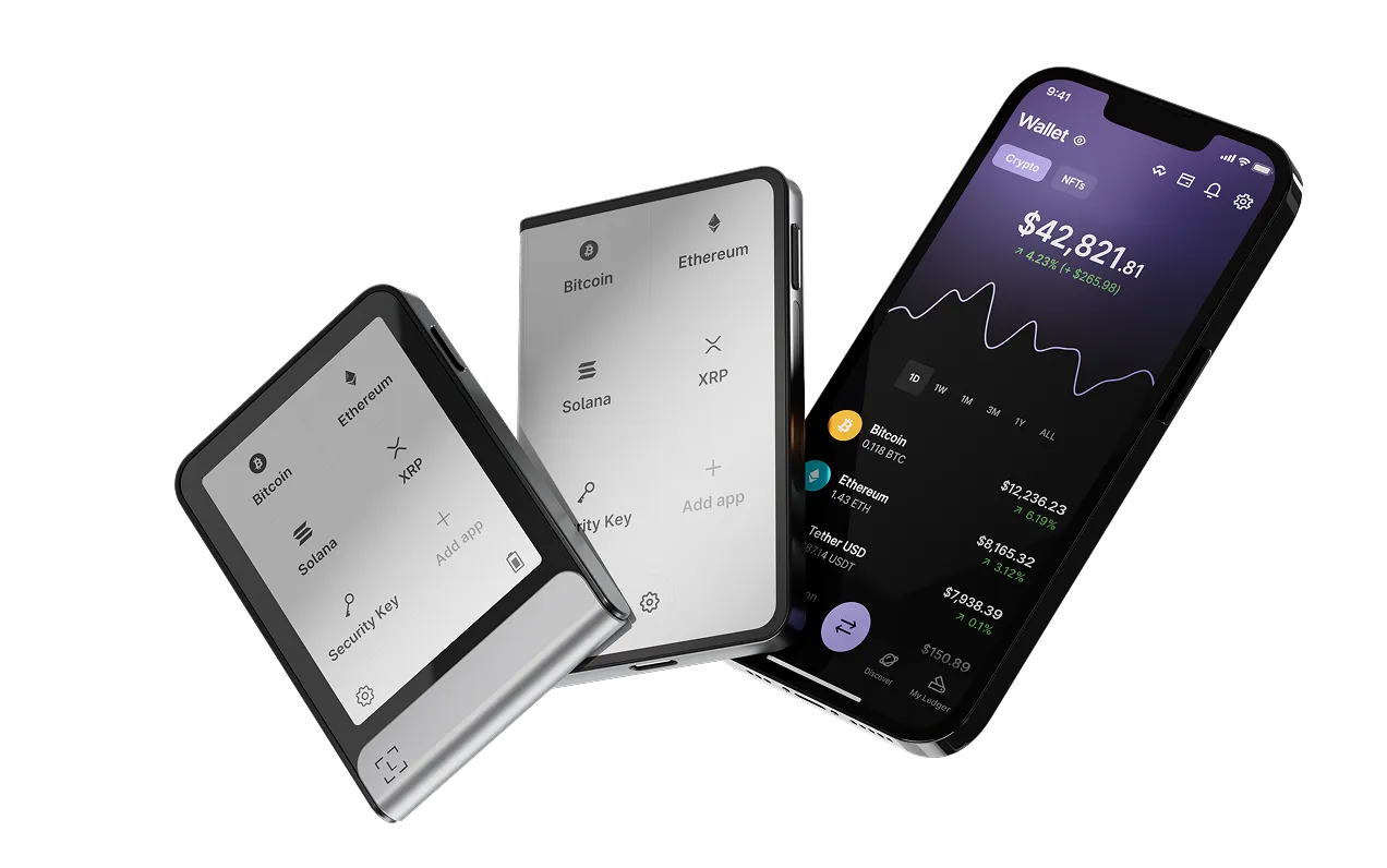 Ledger hardware wallet placed beside a smartphone showing Ledger Live and Binance Wallet apps on the screen