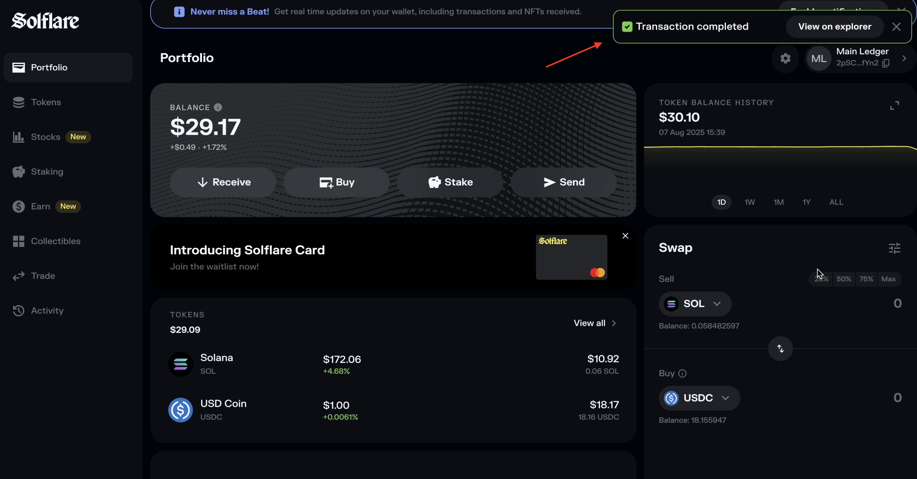 Ledger Nano X hardware wallet screen confirming secure Solana SPL token swap transaction with AI agent interface overlay for crypto trading