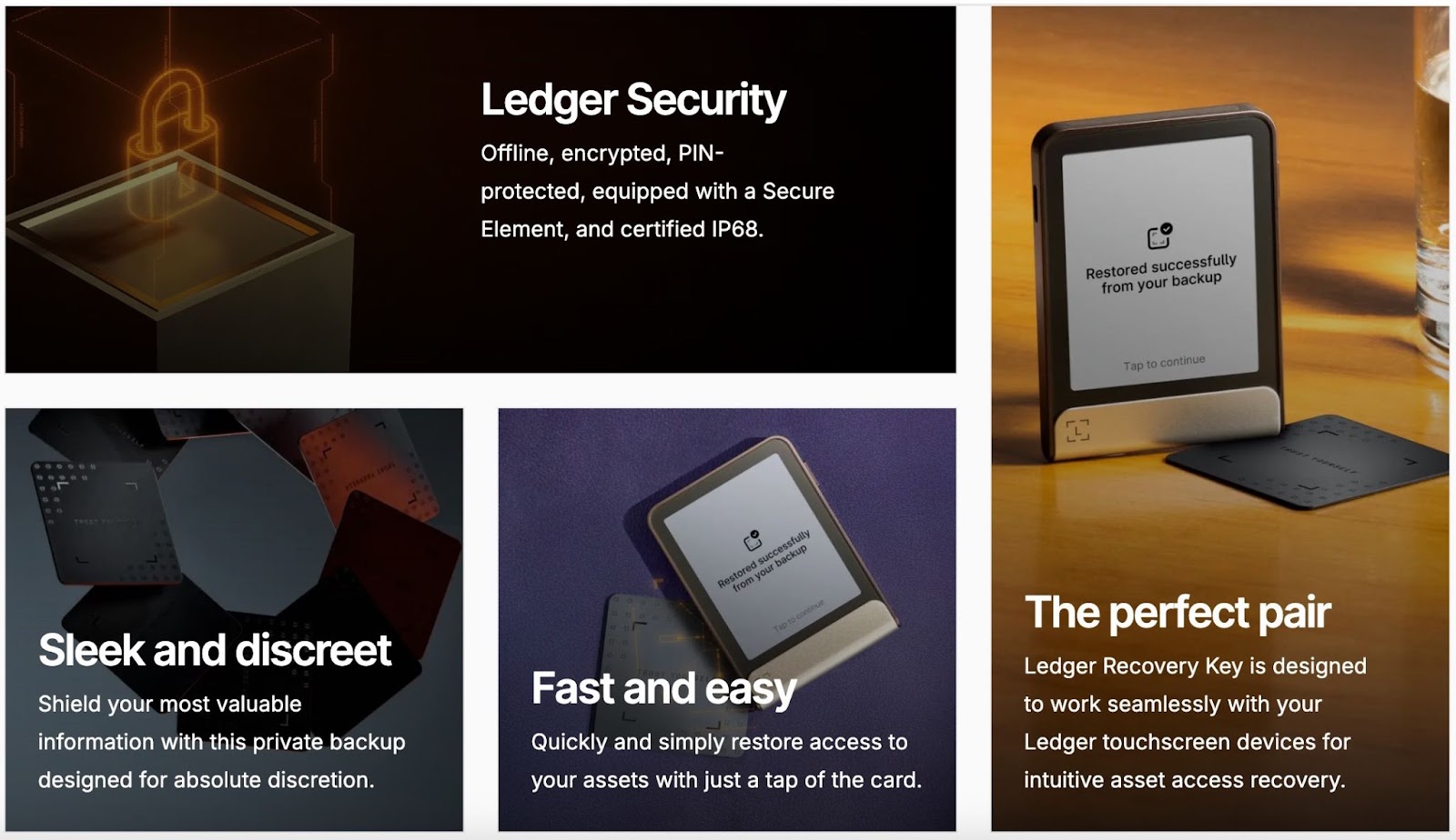 Ledger Recovery Key card displayed alongside Ledger Stax and Ledger Flex hardware wallets, illustrating secure crypto backup options