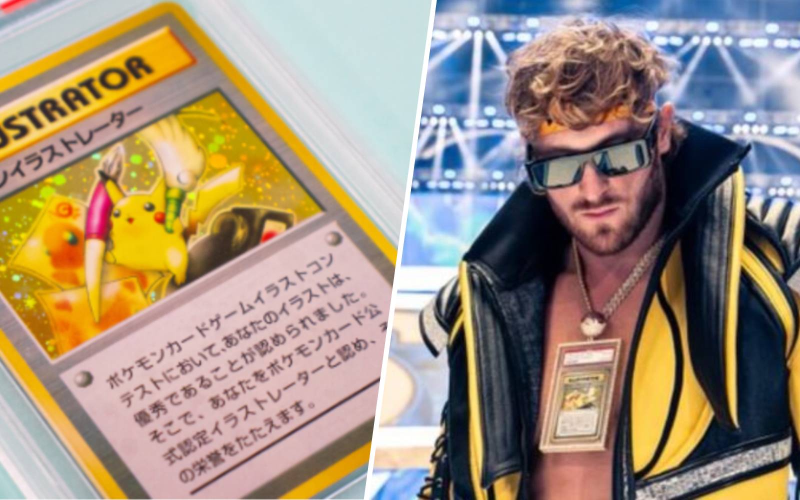 Logan Paul proudly holding his PSA 10 Pikachu Illustrator Pokémon card, the world's most expensive TCG collectible at Goldin Auctions 2026