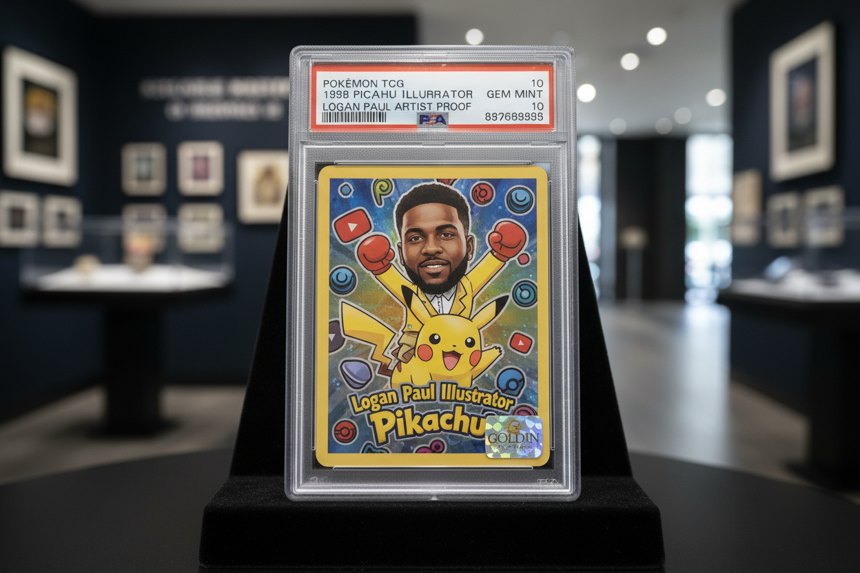 Logan Paul's PSA 10 Pikachu Illustrator Pokémon card in protective slab highlighted in Goldin Auctions listing