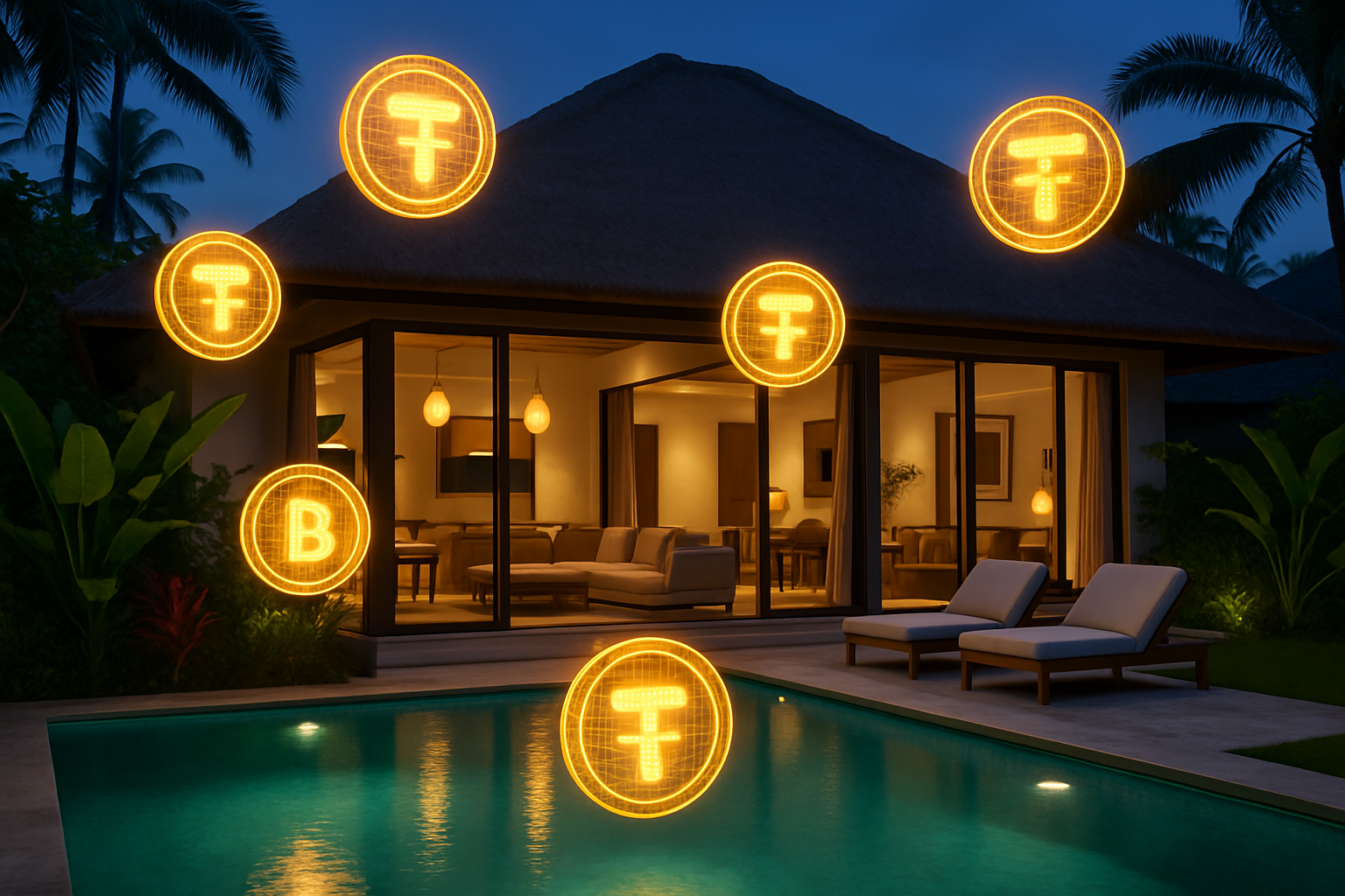 Luxurious Bali Airbnb villa glowing with blockchain tokens representing fractional real estate ownership and rental income