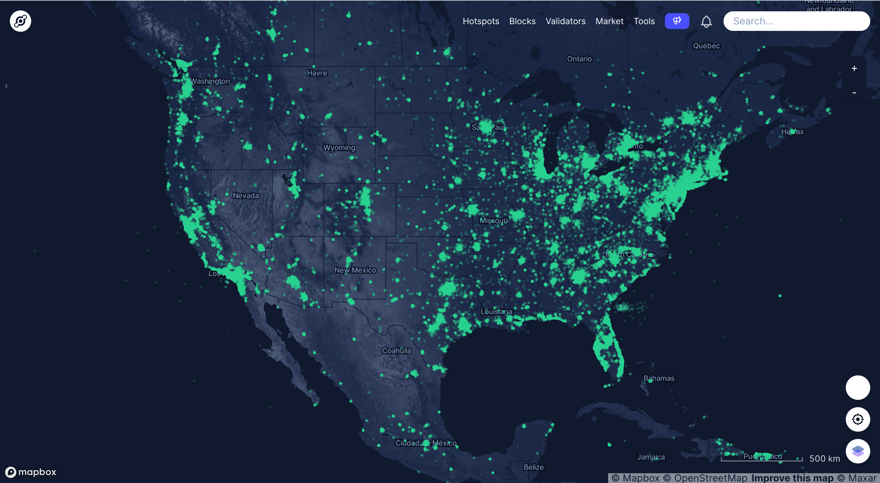 Global map showing Helium Network hotspot density and coverage in 2025, highlighting major regions with active nodes and connectivity growth.