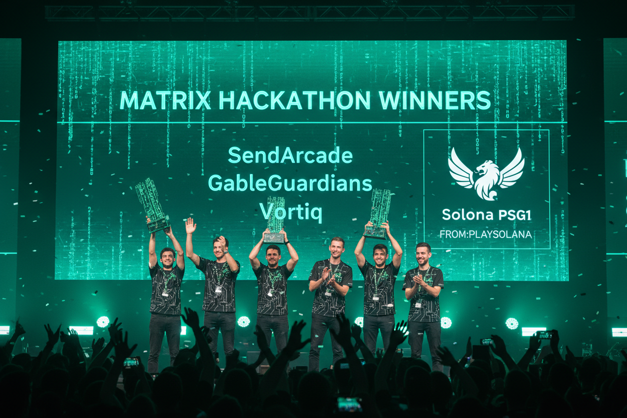 Matrix Hackathon winners announcement on Solana PSG1 featuring 1st place SendArcade, 2nd Gable Guardians, 3rd Vortiq in Solana gaming competition
