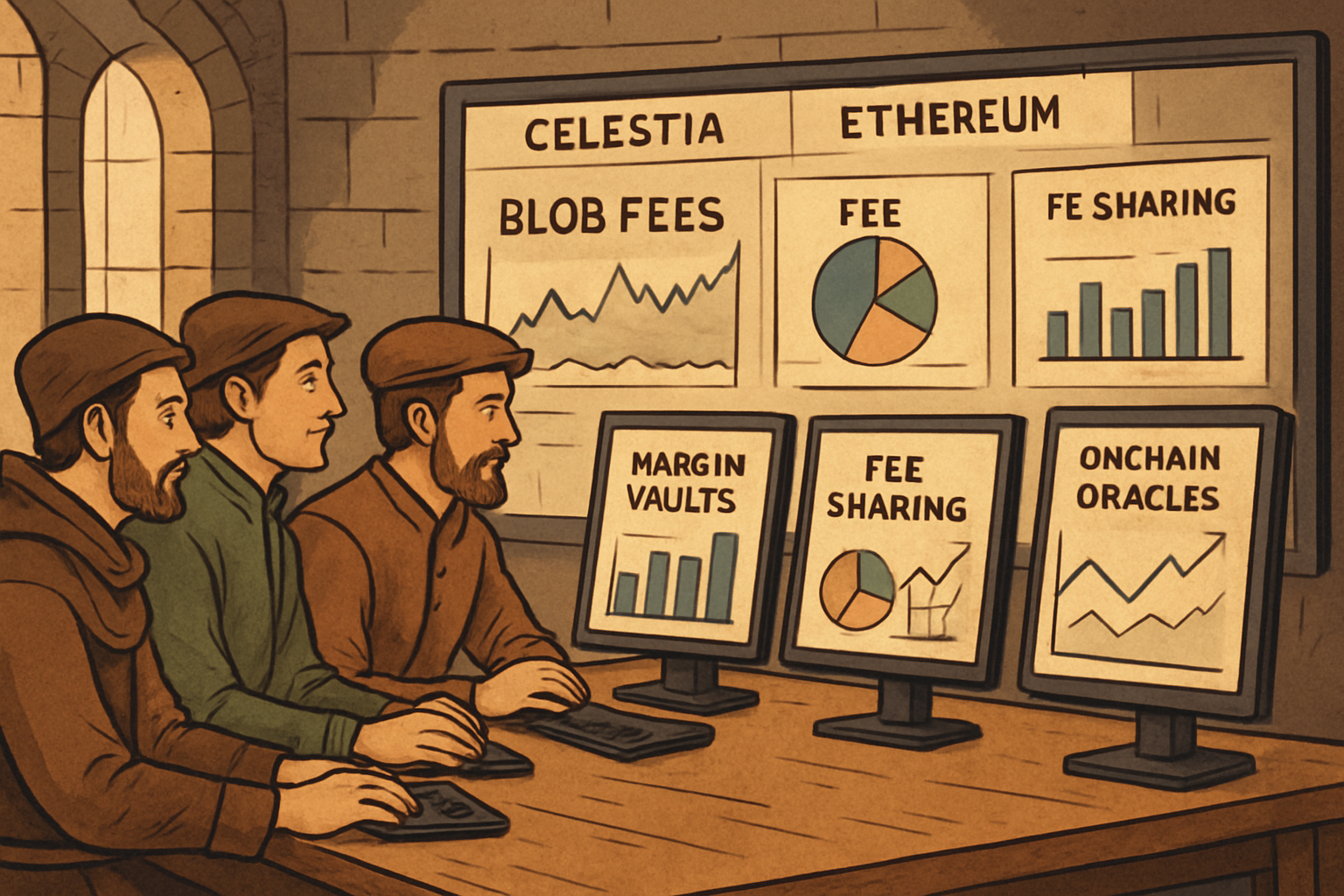 Merchants using real-time dashboards to monitor and manage blob fee strategies on Celestia and Ethereum, including margin vaults, dynamic fee sharing, and onchain oracles.
