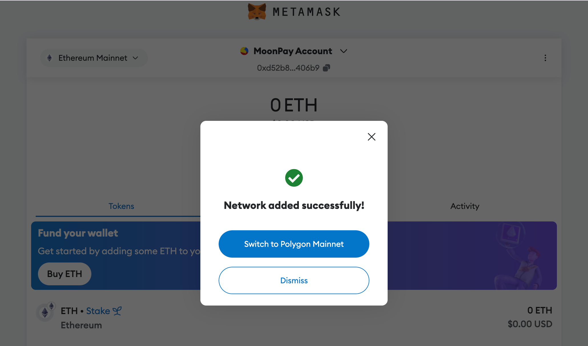 Screenshot of MetaMask browser extension installation screen for adding Polygon Mainnet network setup tutorial 2026