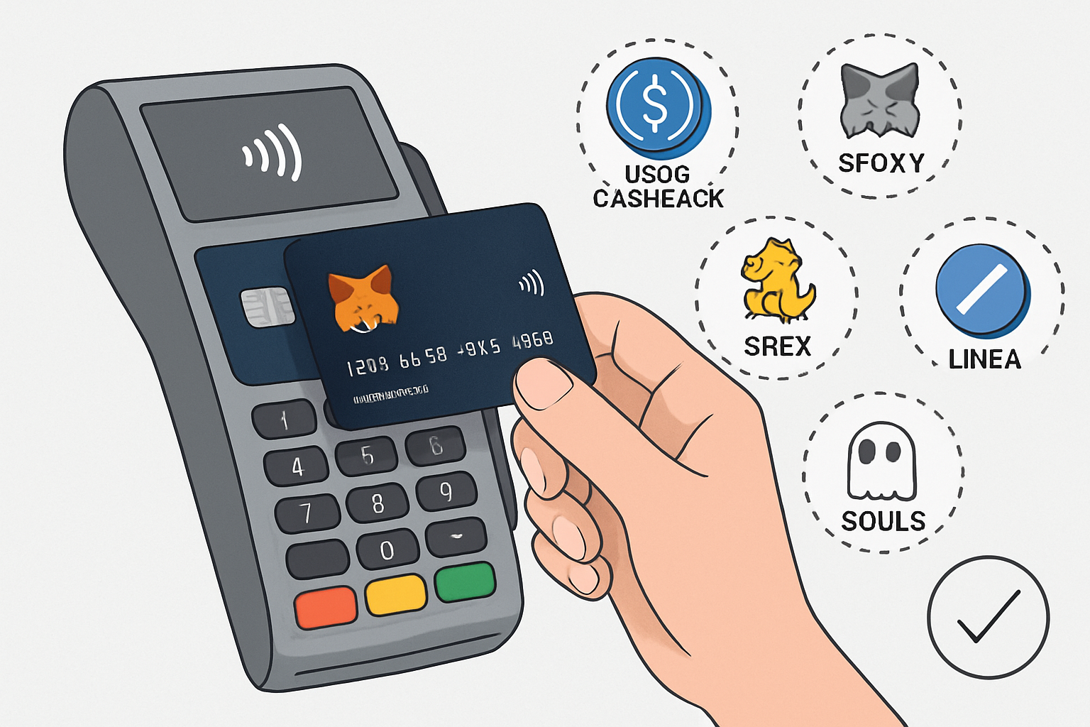 MetaMask Crypto Card being tapped at a point-of-sale terminal with digital icons representing USDC cashback, $FOXY, $REX, $SOULS, LINEA tokens, and best practices overlays