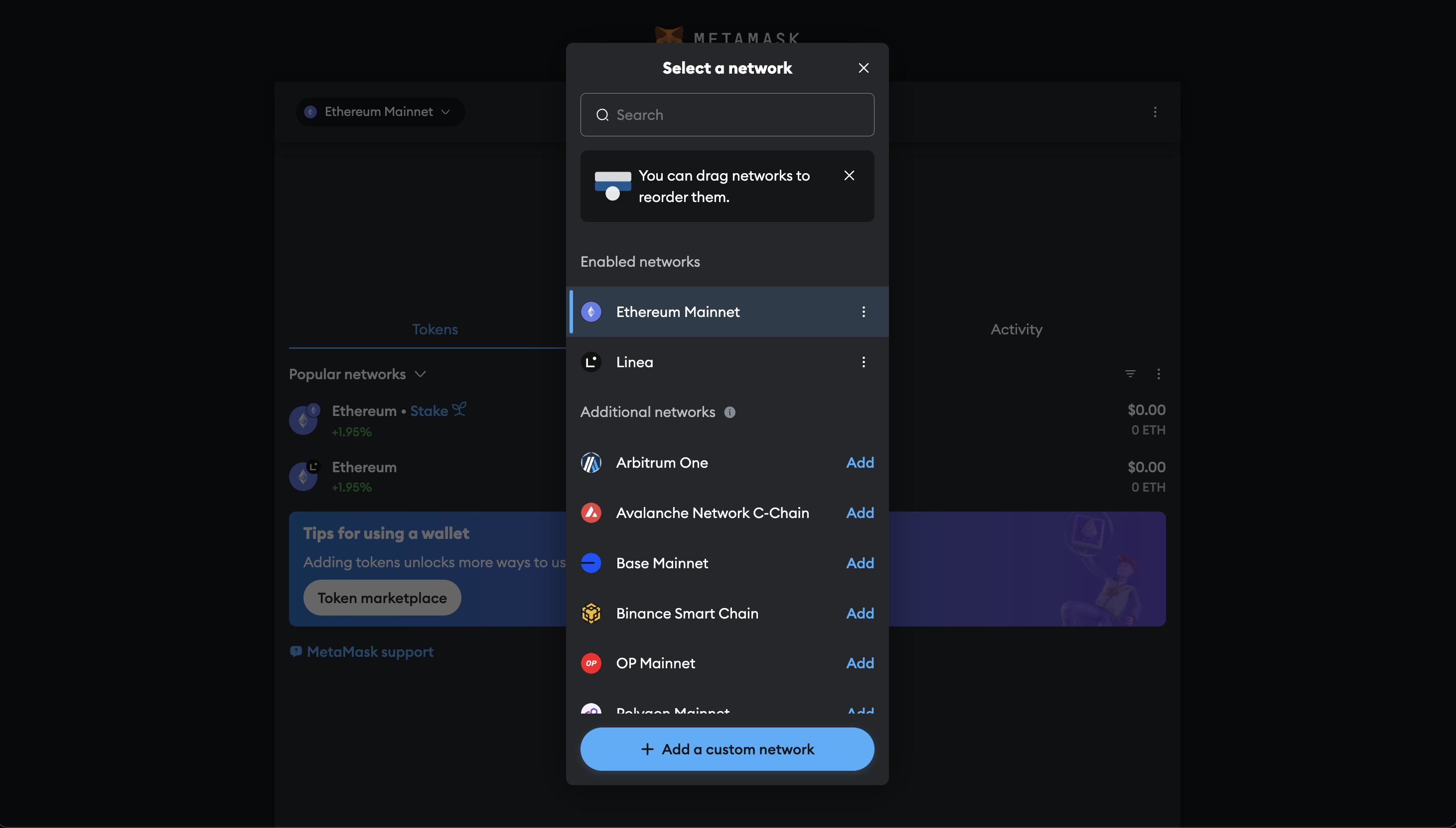 MetaMask wallet interface screenshot showing network dropdown with Ethereum Mainnet selected for adding Base L2 chain