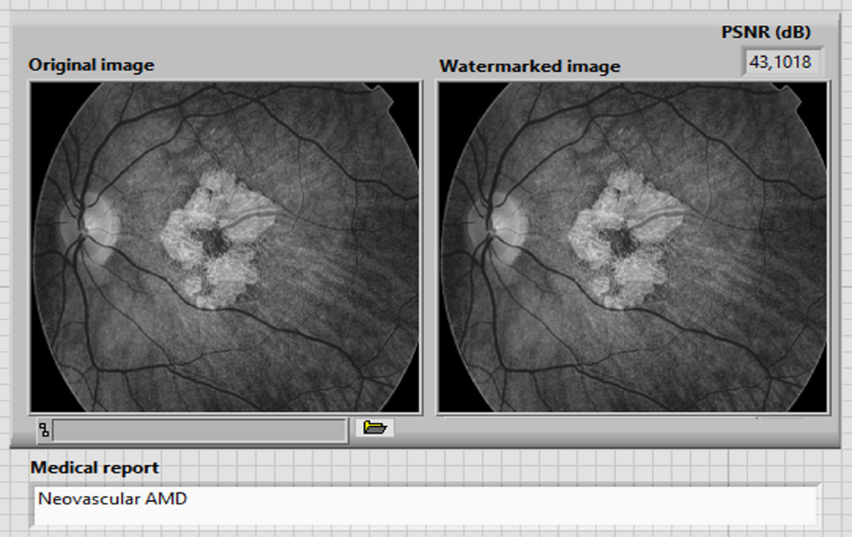 Microscopic close-up view of steganography embedding invisible watermark into pixels of synthetic AI-generated image