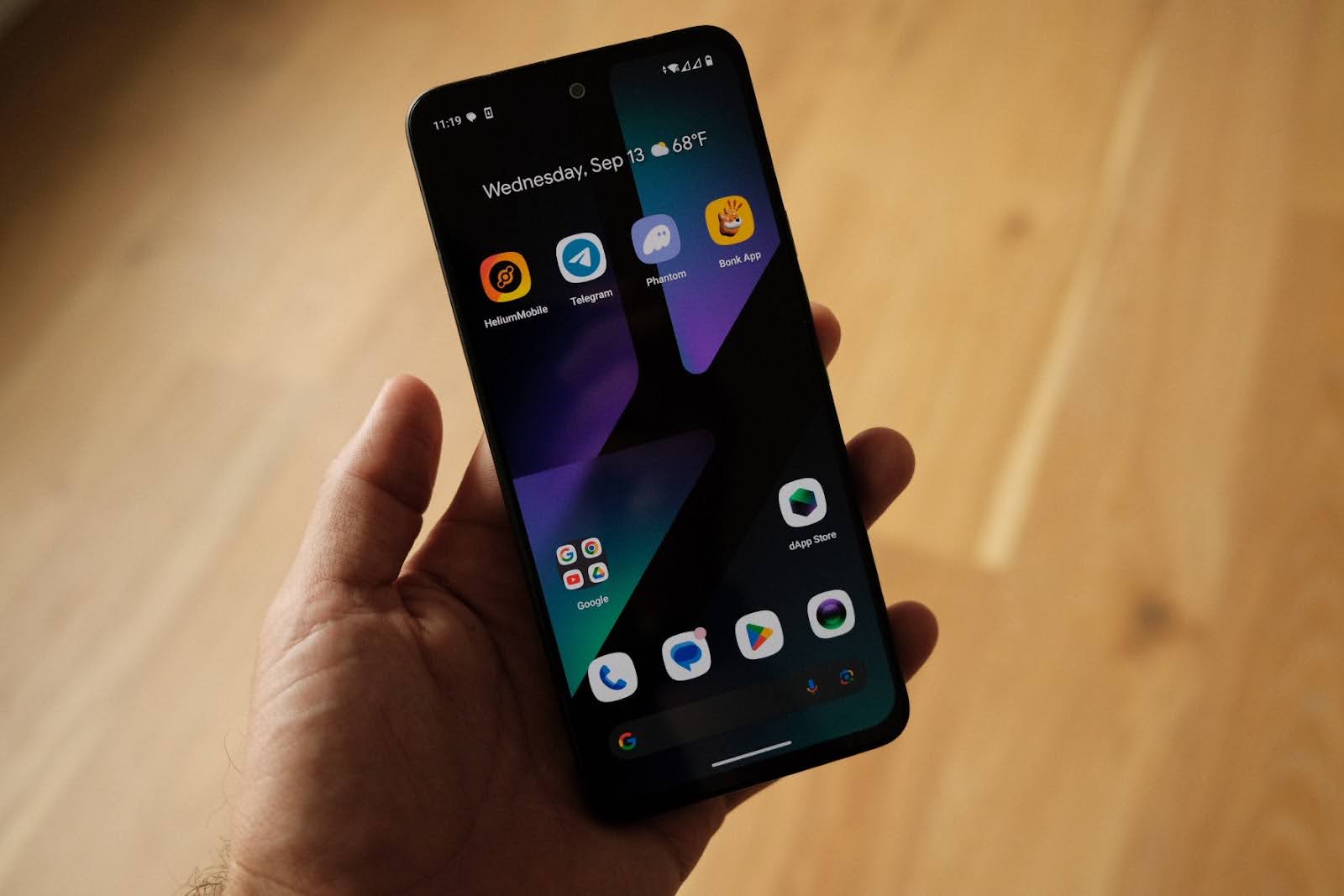 Mobile user exploring the Solana dApp Store on a Solana Saga phone for secure DeFi transactions