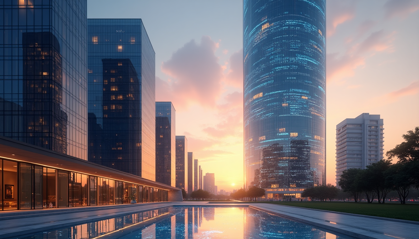 Modern global city skyline symbolizing international real estate investment opportunities through tokenization and blockchain technology