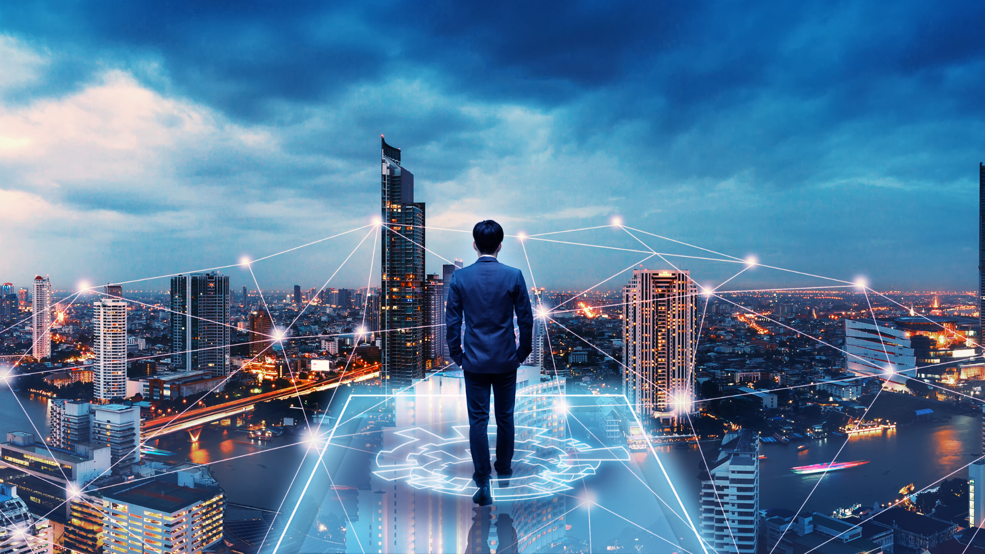 Modern city skyline with digital blockchain network overlay symbolizing tokenized real estate on Arbitrum blockchain