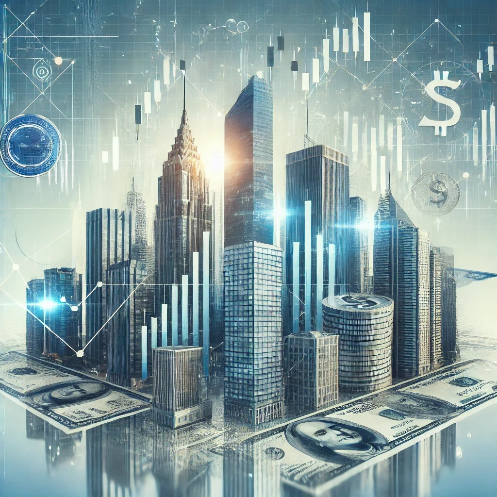 Modern city skyline with blockchain digital overlay symbolizing tokenized real estate and fractional ownership