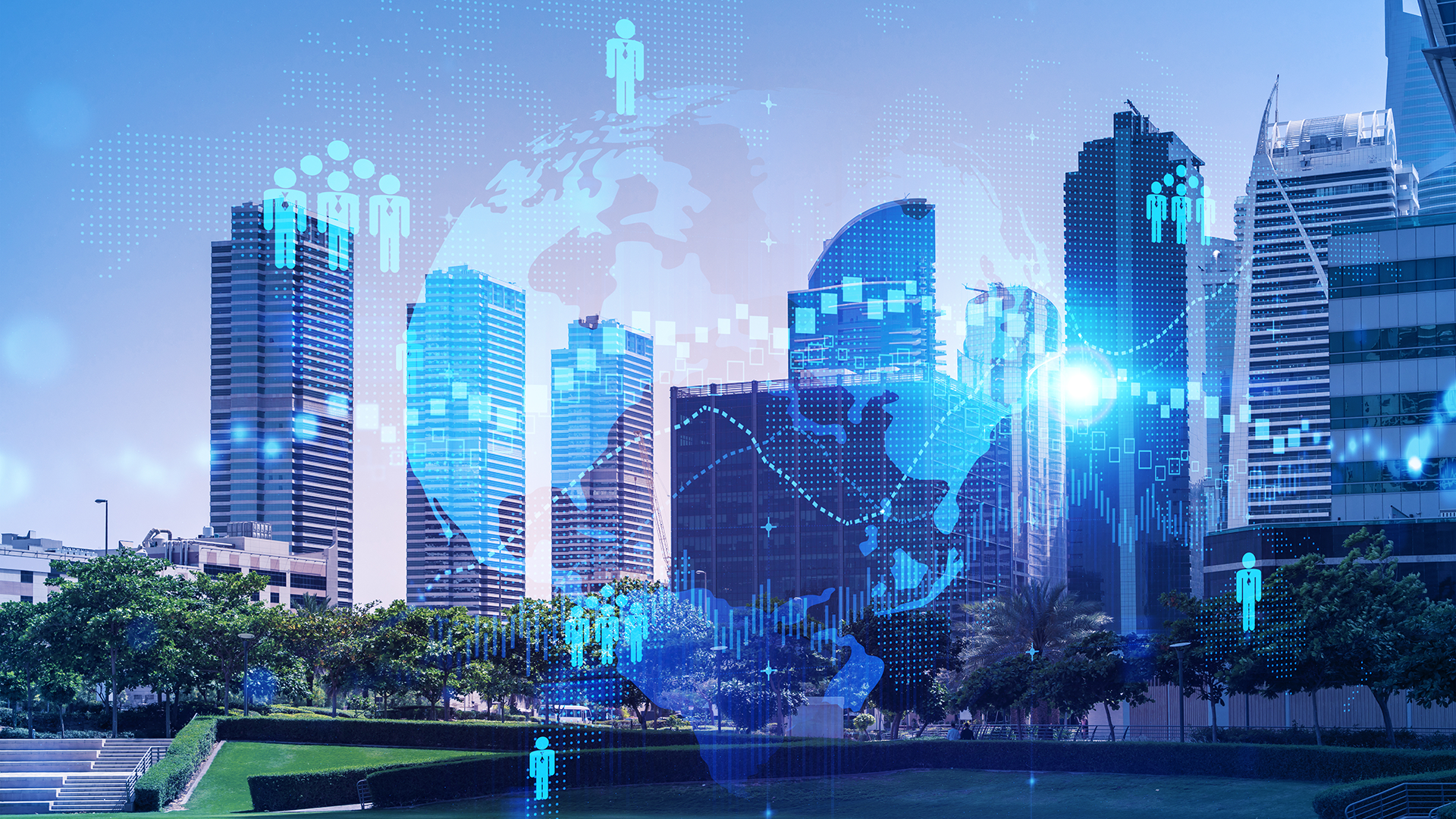 Modern US city skyline with digital blockchain tokens overlay, representing tokenized real estate investments