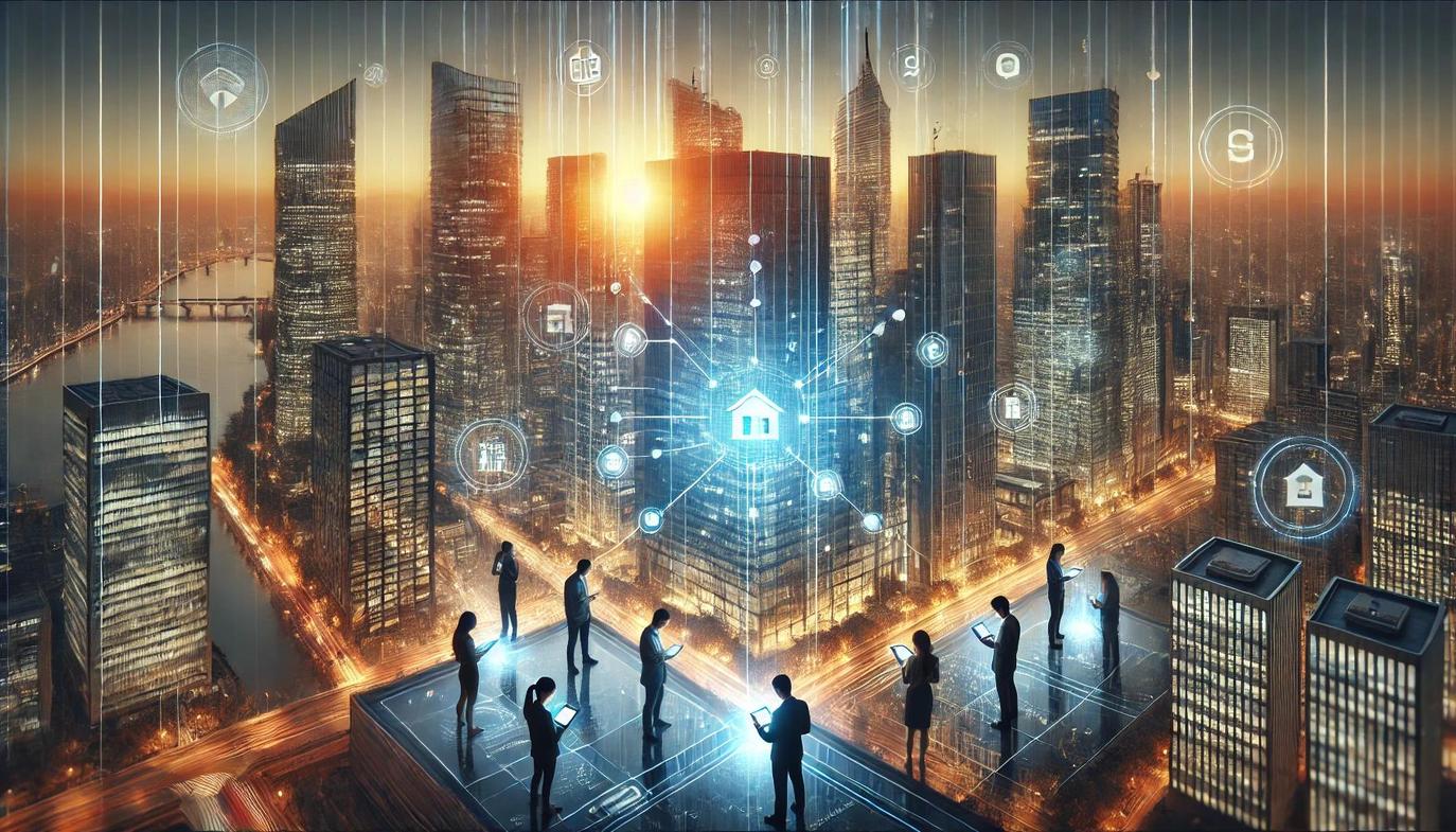 Modern city skyline with digital tokens overlay illustrating fractional property tokenization using blockchain technology