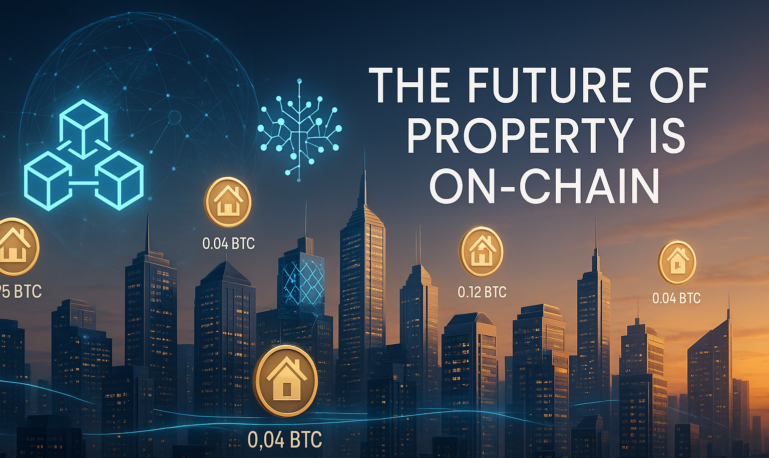 Modern commercial skyscrapers with glowing blockchain nodes overlay, symbolizing tokenized CRE RWAs liquidity and yields for crypto investors 2026