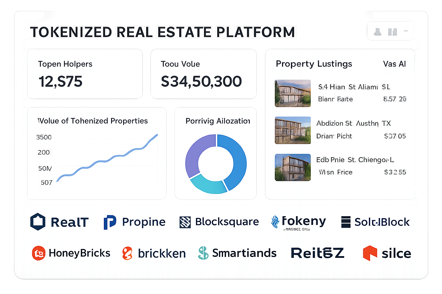 Modern dashboard of a leading real estate tokenization platform showing charts, property listings, and logos of top platforms like RealT, Propine, Blocksquare, Tokeny Solutions, SolidBlock, HoneyBricks, Brickken, Smartlands, ReitBZ, Harbor, and Slice.