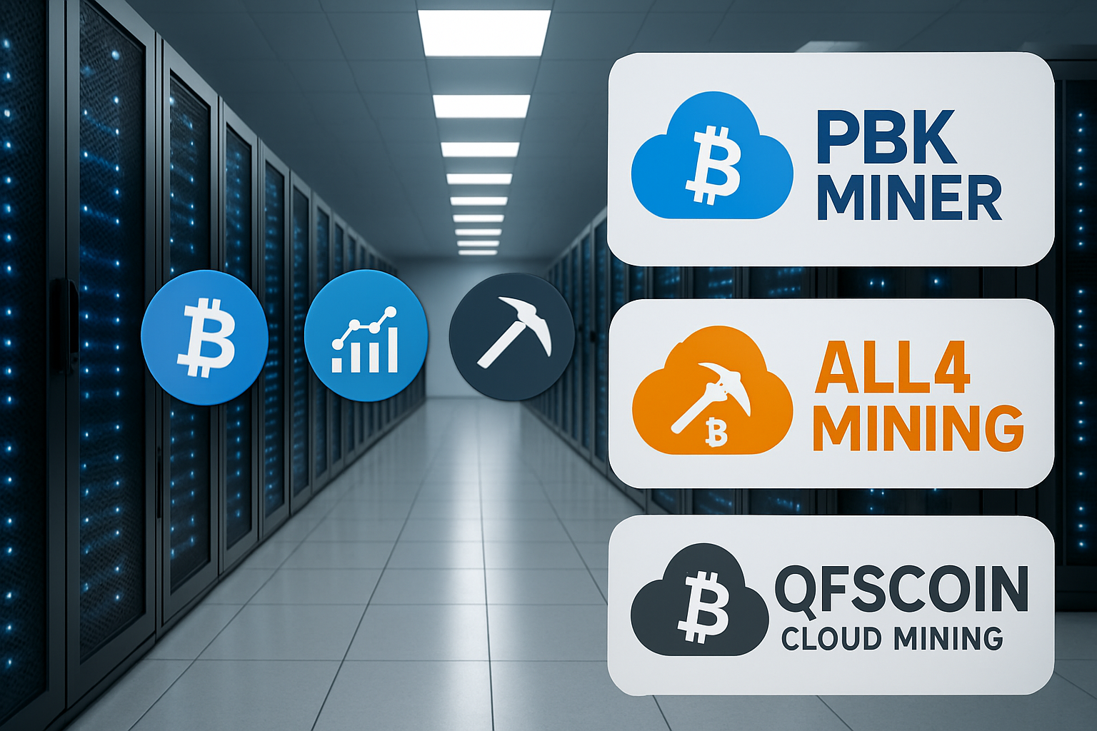 Modern data center with digital assets icons for PBK Miner, ALL4 Mining, and QFSCOIN representing top cloud mining platforms in 2025