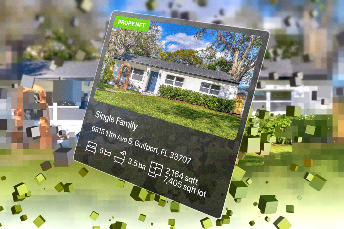 Modern digital artwork depicting blockchain-powered PropertyNFT rental tokens transforming real estate investments